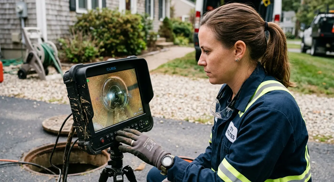 Technician reviewing sewer camera inspection footage in Trumbull