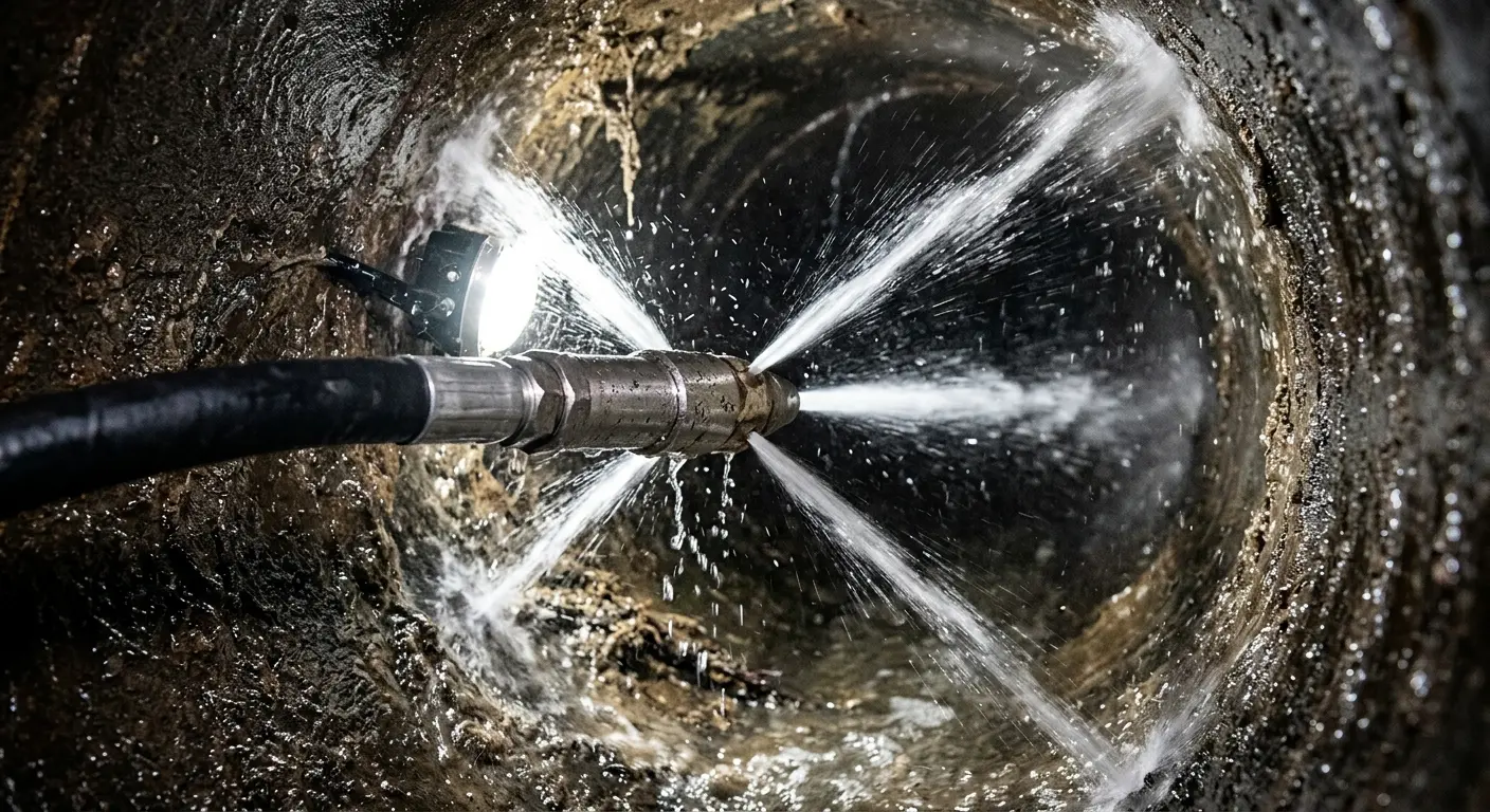 High-pressure hydro jetting nozzle cleaning sewer pipe for Storm Drain Cleaning in Trumbull