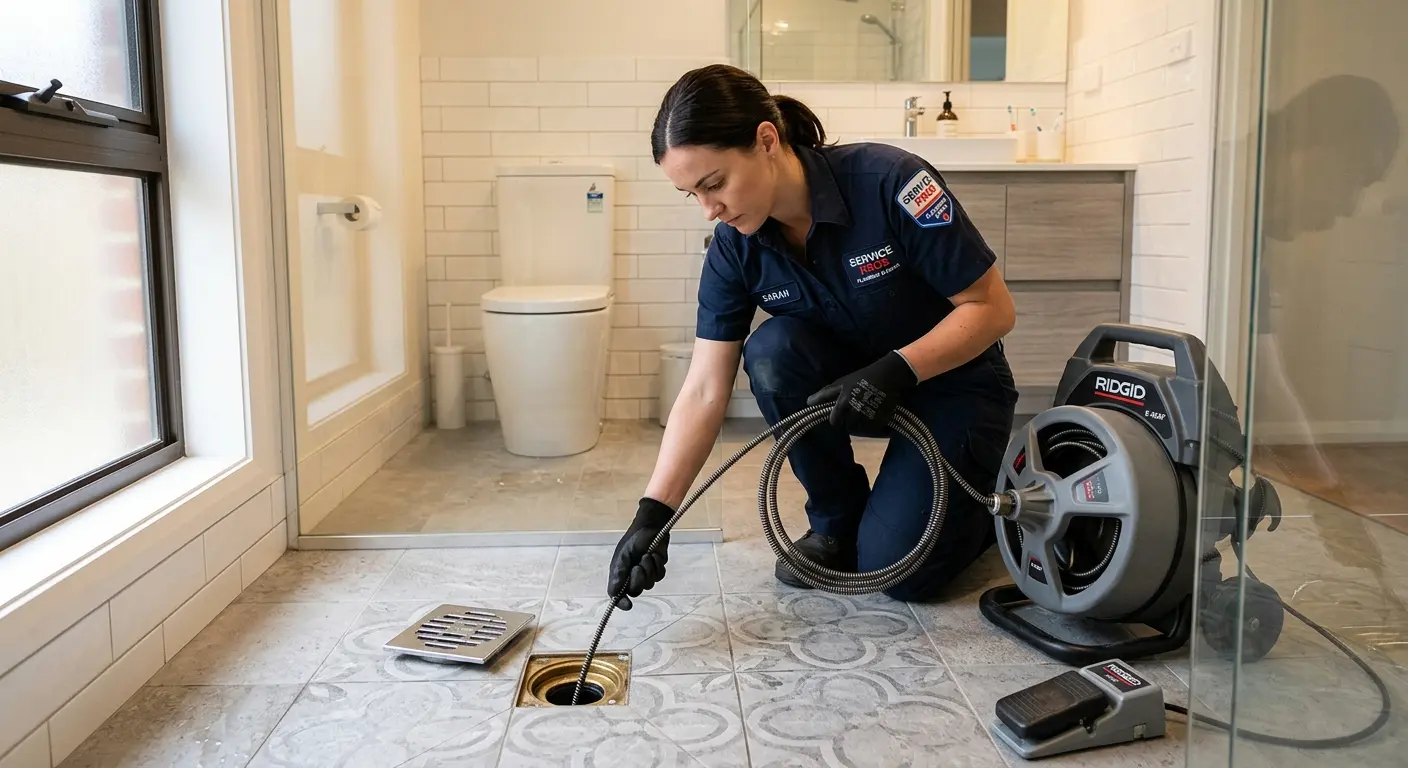 Technician clearing a bathroom floor drain for Clogged Drain Repair in Trumbull